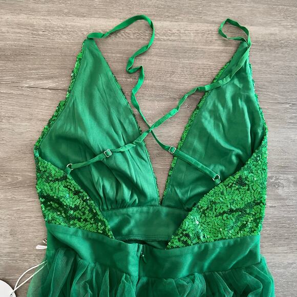Luxxel Green Formal Dress Sequins Tulle Gown Sexy Backless NEW Size Medium - Picture 2 of 6